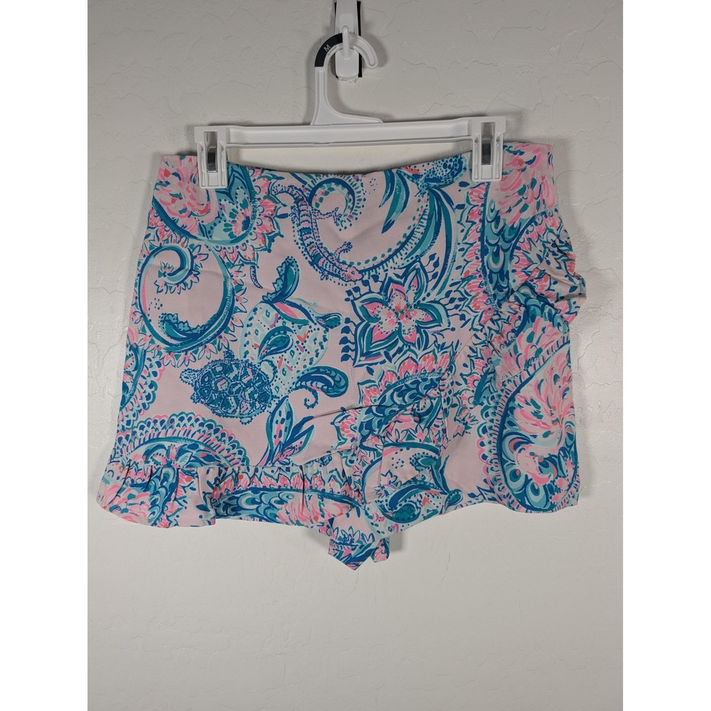 Lilly Pulitzer Shorts Womens 10 Pink Blue Paisley Ruffle Hem Wrap Style Rayon